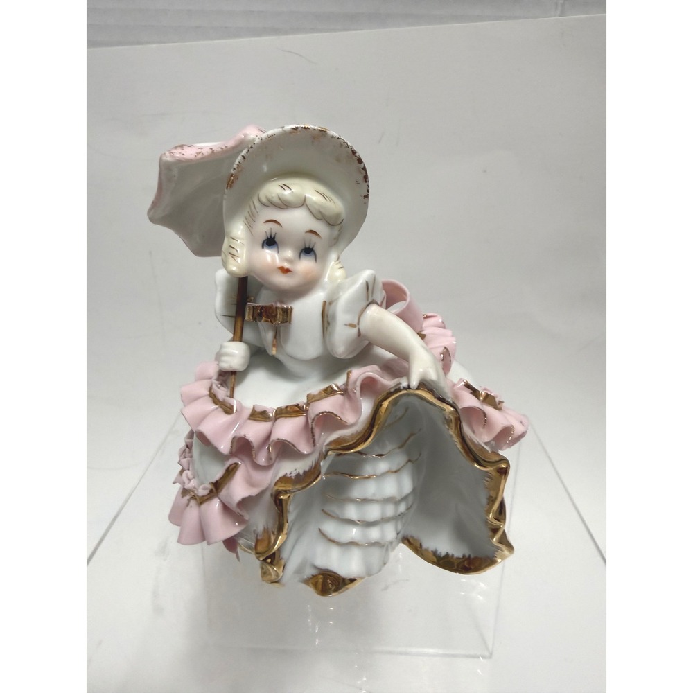 Vintage Josef Originals Lady Figurine Pink Dress Parasol Umbrella Japan M168